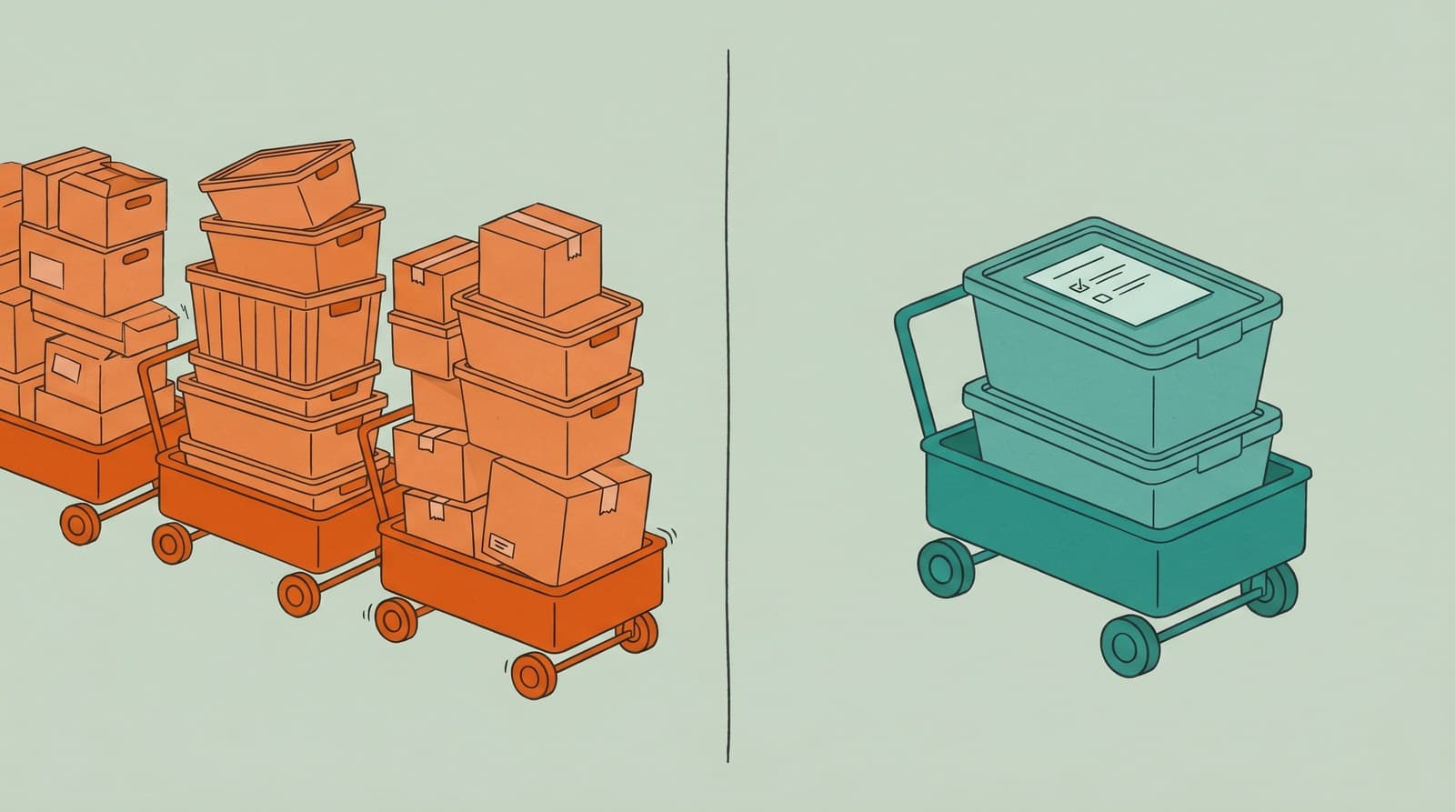 Three overloaded wagons of stock on one side versus a single tidy, right-sized wagon with a prep sheet on top on the other.