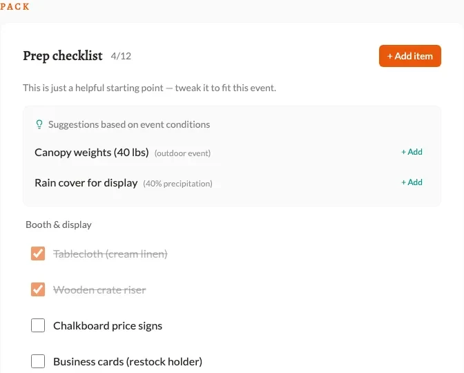 Event prep checklist with weather-aware suggestions at the top, items grouped by booth, inventory, and payments.