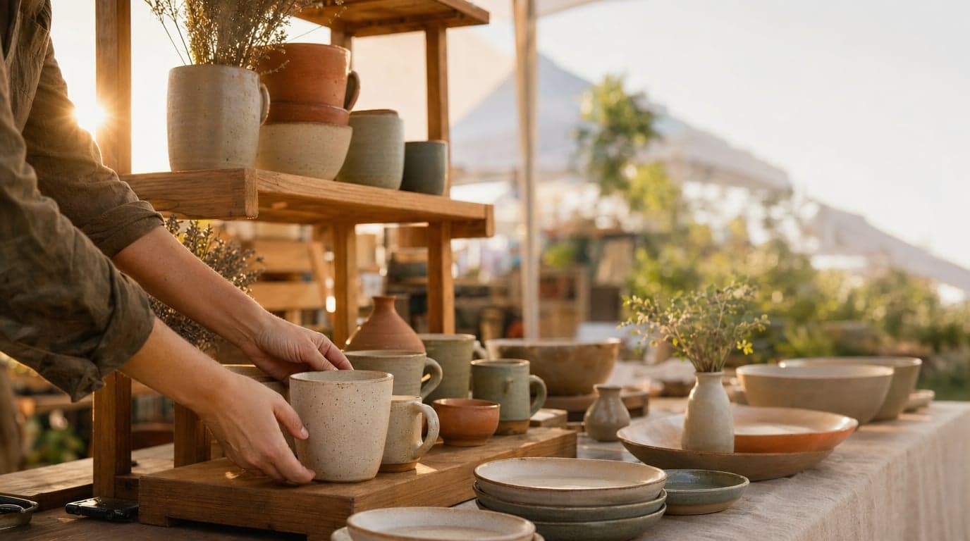 A ceramicist arranging hand-thrown stoneware mugs and bowls on warm wood shelving at an outdoor market in golden-hour light.