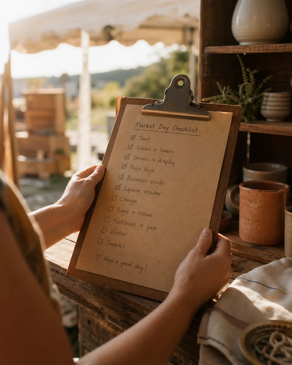 Vendor's hands holding a clipboard with handwritten notes in warm natural light.