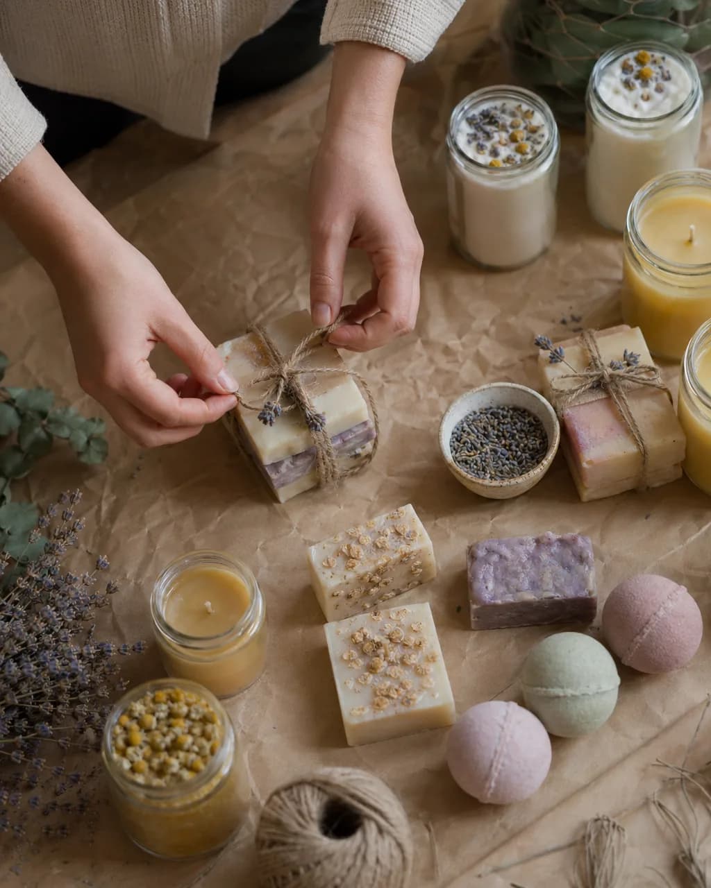 Bath bombs and candles laid out on craft paper, vendor hands tying twine.