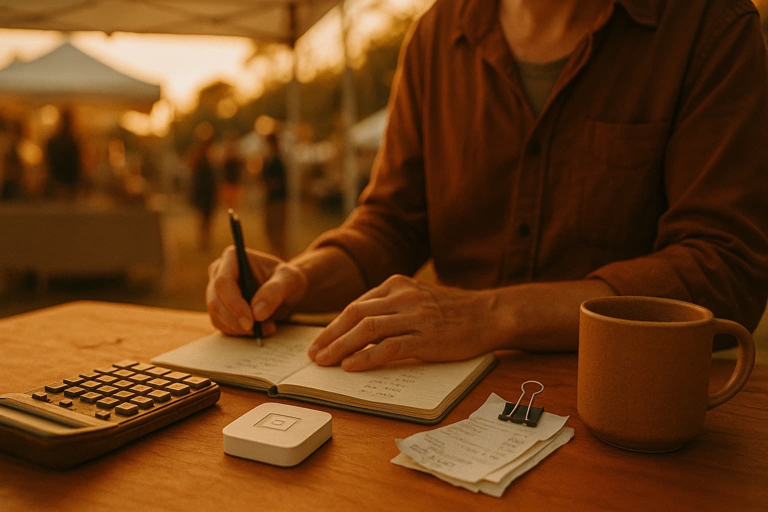 A craft fair vendor at their booth at golden hour, calculator and notebook open on the table mid-calculation.